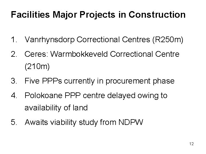 Facilities Major Projects in Construction 1. Vanrhynsdorp Correctional Centres (R 250 m) 2. Ceres: