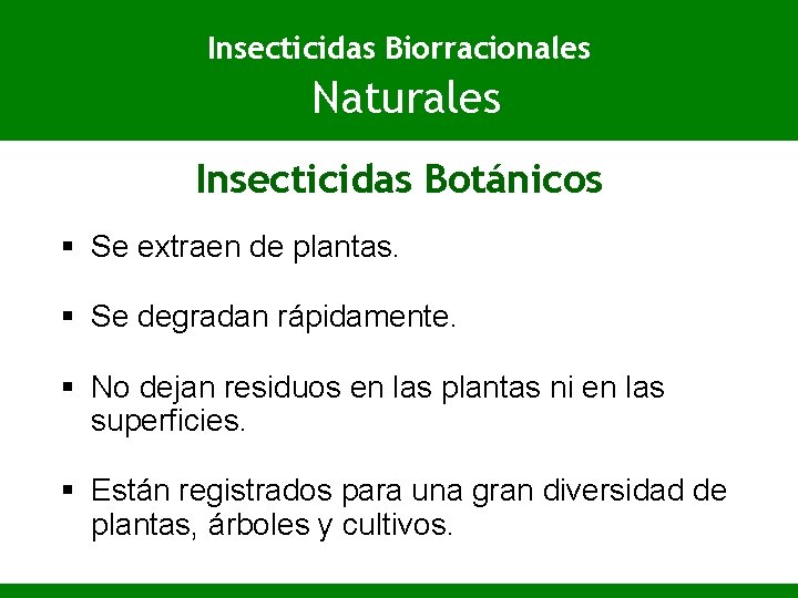 Insecticidas Biorracionales Naturales Insecticidas Botánicos § Se extraen de plantas. § Se degradan rápidamente.