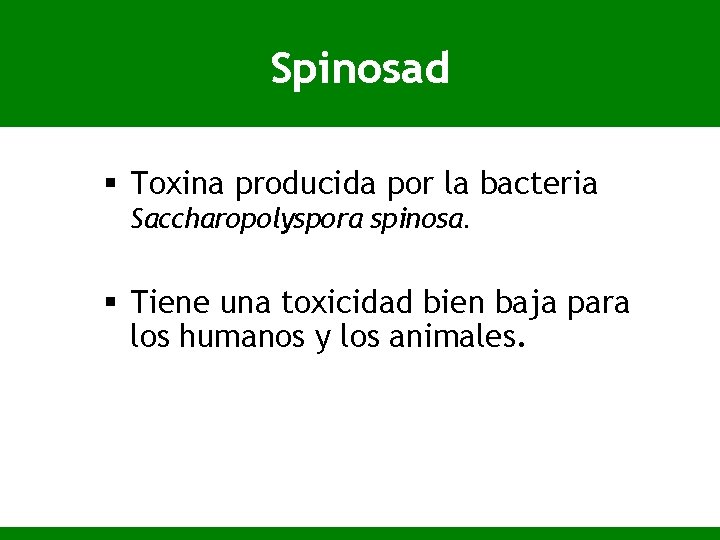 Spinosad § Toxina producida por la bacteria Saccharopolyspora spinosa. § Tiene una toxicidad bien