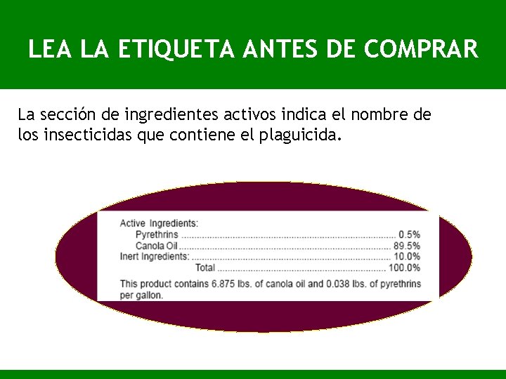 LEA LA ETIQUETA ANTES DE COMPRAR La sección de ingredientes activos indica el nombre