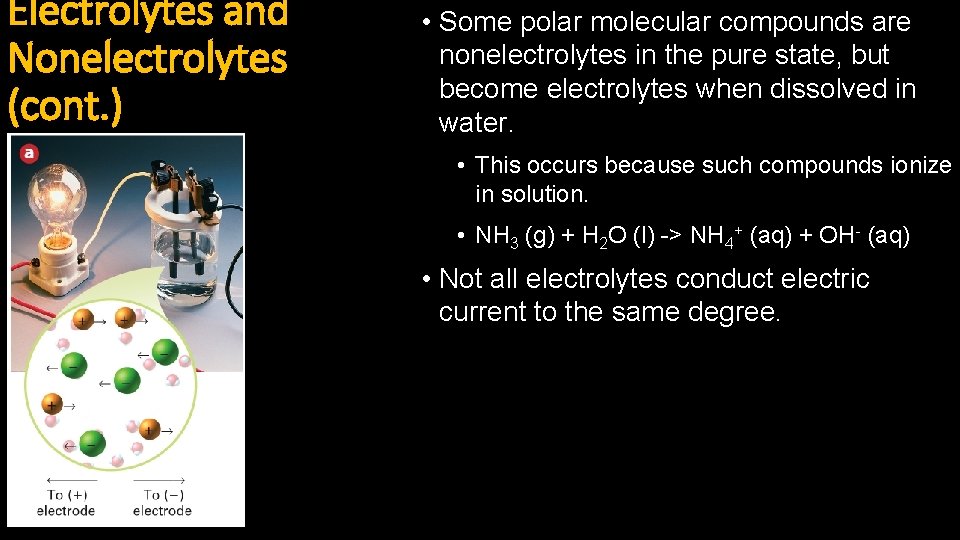 Electrolytes and Nonelectrolytes (cont. ) • Some polar molecular compounds are nonelectrolytes in the