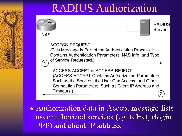RADIUS Authorization ¨ Authorization data in Accept message lists user authorized services (eg. telnet,