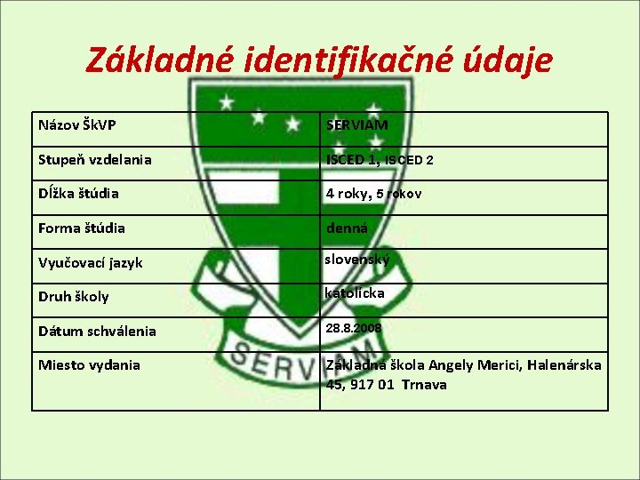 Základné identifikačné údaje Názov Šk. VP SERVIAM Stupeň vzdelania ISCED 1, ISCED 2 Dĺžka