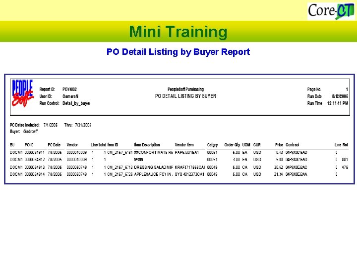 Mini Training PO Detail Listing by PO Date PO Detail Listing by Buyer Report