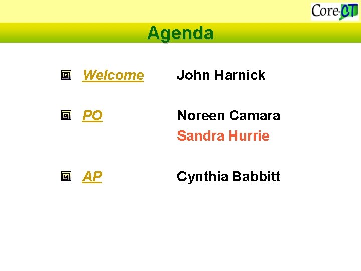 Agenda Welcome John Harnick PO Noreen Camara Sandra Hurrie AP Cynthia Babbitt 