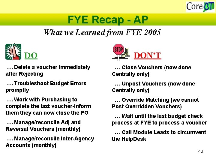 FYE Recap - AP What we Learned from FYE 2005 DO DON’T … Delete