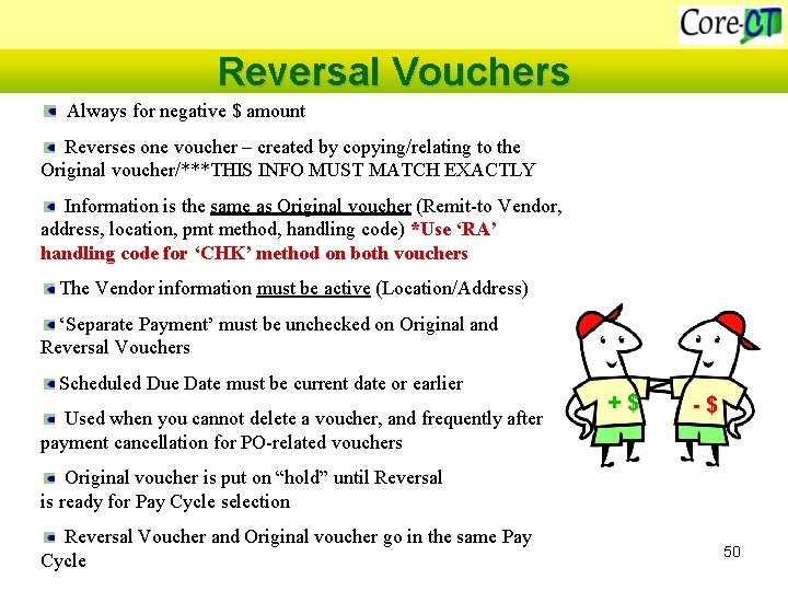 Reversal Vouchers Always for negative $ amount Reverses one voucher – created by copying/relating