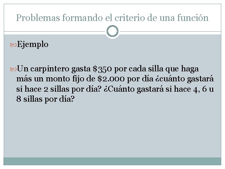 Problemas formando el criterio de una función Ejemplo Un carpintero gasta $350 por cada