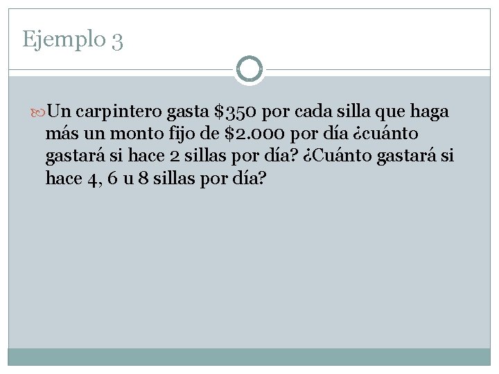 Ejemplo 3 Un carpintero gasta $350 por cada silla que haga más un monto