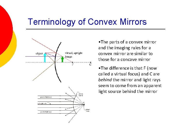 Terminology of Convex Mirrors • The parts of a convex mirror and the imaging