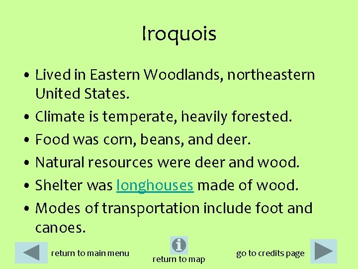 Iroquois • Lived in Eastern Woodlands, northeastern United States. • Climate is temperate, heavily