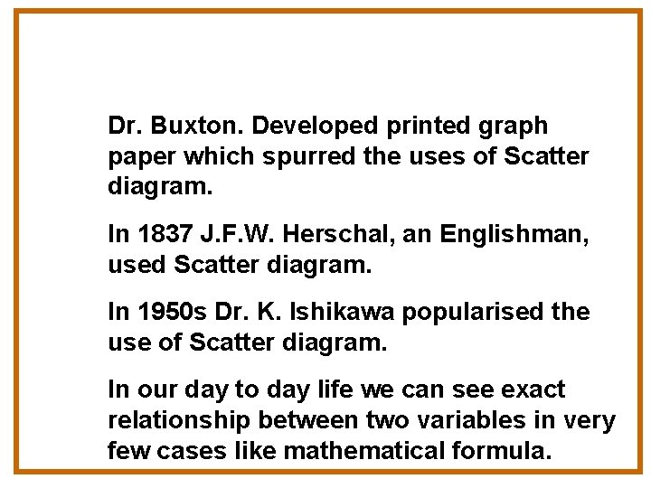 Dr. Buxton. Developed printed graph paper which spurred the uses of Scatter diagram. In