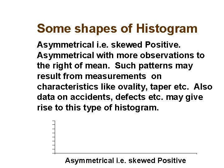 Some shapes of Histogram Asymmetrical i. e. skewed Positive. Asymmetrical with more observations to