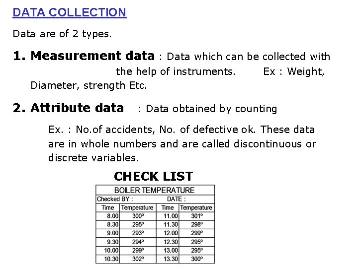 DATA COLLECTION Data are of 2 types. 1. Measurement data : Data which can