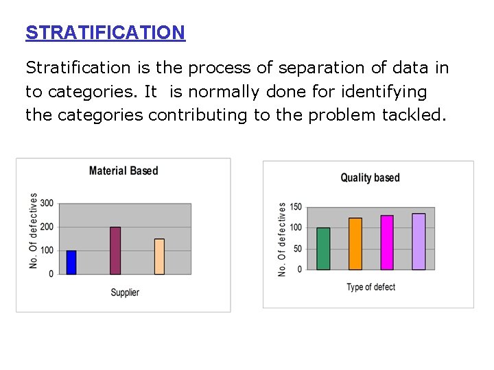 STRATIFICATION Stratification is the process of separation of data in to categories. It is