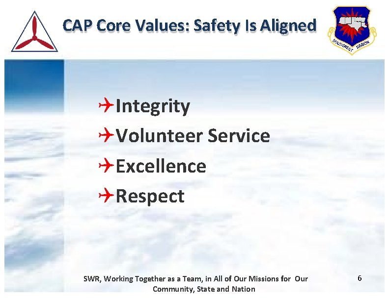 CAP Core Values: Safety Is Aligned Integrity Volunteer Service Excellence Respect SWR, Working Together