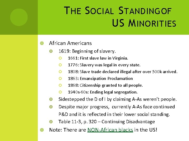 T HE S OCIAL S TANDING OF US M INORITIES African Americans 1619: Beginning