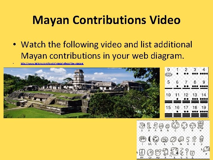 Mayan Contributions Video • Watch the following video and list additional Mayan contributions in
