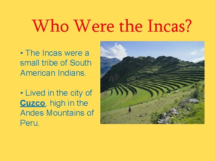 Who Were the Incas? • The Incas were a small tribe of South American