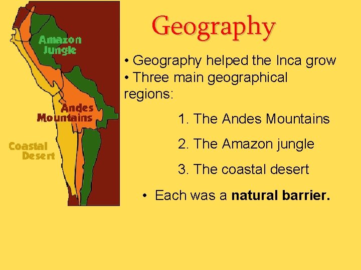 Geography • Geography helped the Inca grow • Three main geographical regions: 1. The