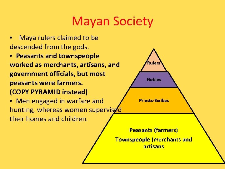 Mayan Society • Maya rulers claimed to be descended from the gods. • Peasants