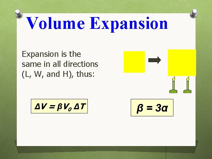 Volume Expansion is the same in all directions (L, W, and H), thus: ΔV