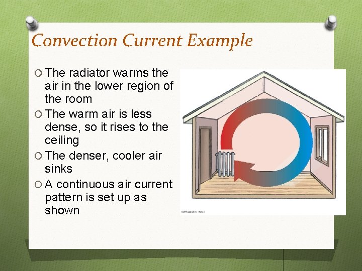 Convection Current Example O The radiator warms the air in the lower region of