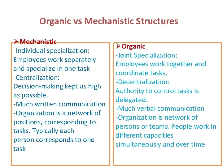 Organic vs Mechanistic Structures ØMechanistic -Individual specialization: Employees work separately and specialize in one Organic vs Mechanistic Structures ØMechanistic -Individual specialization: Employees work separately and specialize in one