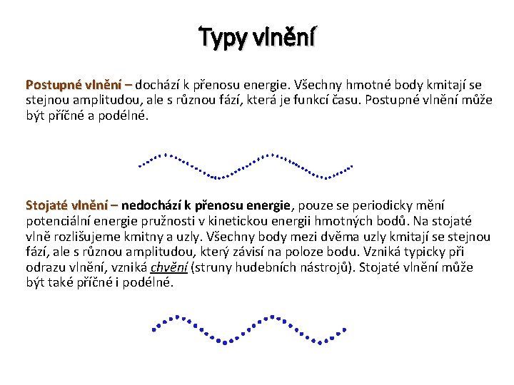 Typy vlnění Postupné vlnění – dochází k přenosu energie. Všechny hmotné body kmitají se