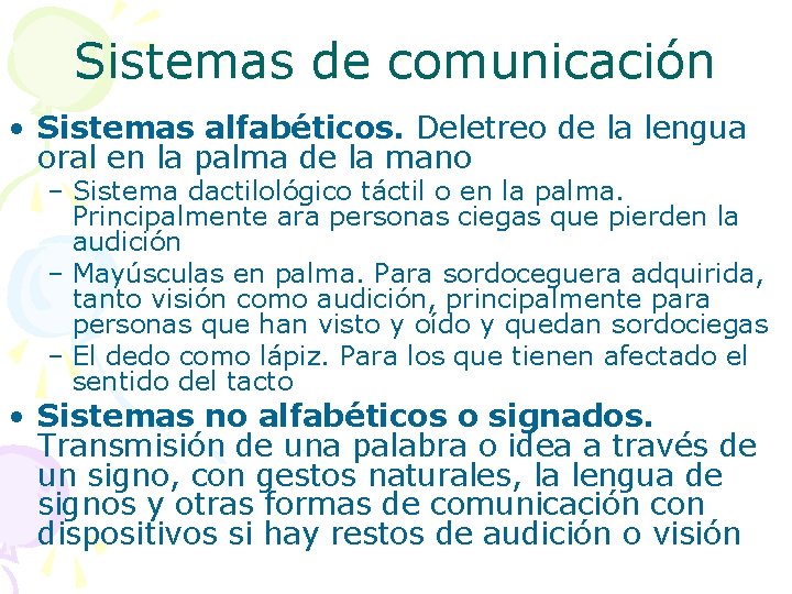 Sistemas de comunicación • Sistemas alfabéticos. Deletreo de la lengua oral en la palma