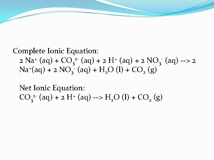 Complete Ionic Equation: 2 Na+ (aq) + CO 32 - (aq) + 2 H+