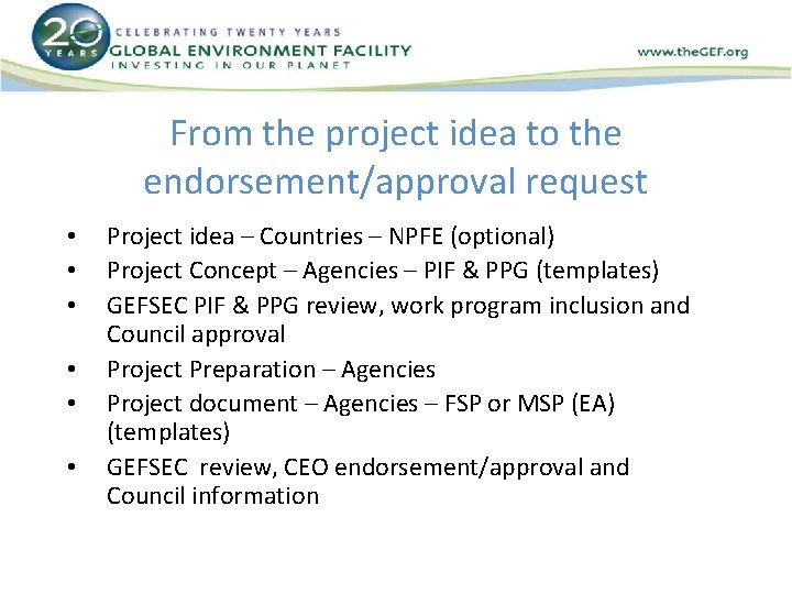 From the project idea to the endorsement/approval request • • • Project idea –