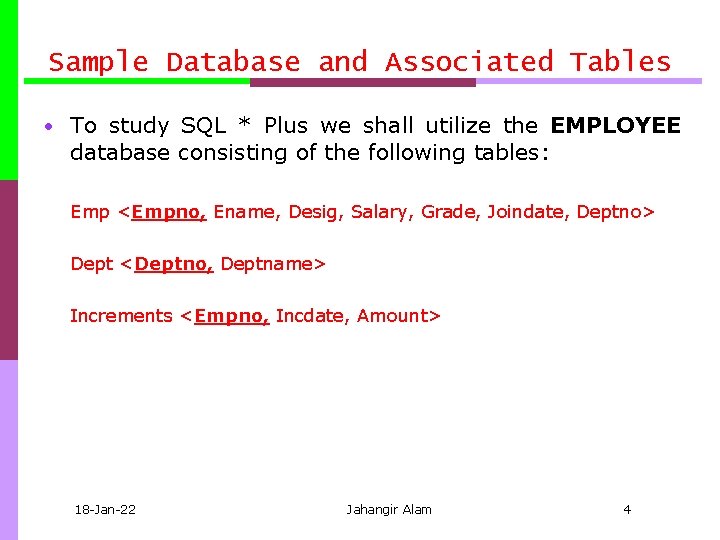 Sample Database and Associated Tables • To study SQL * Plus we shall utilize