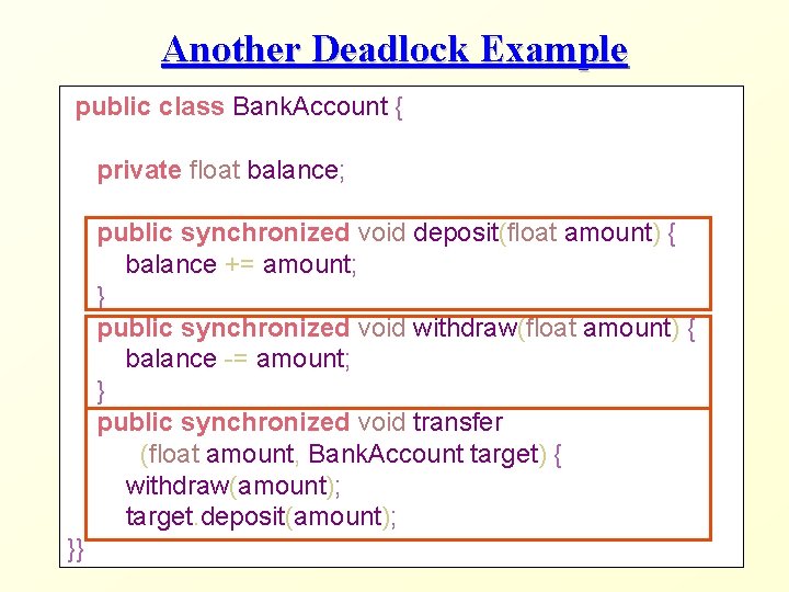 Another Deadlock Example public class Bank. Account { private float balance; public synchronized void