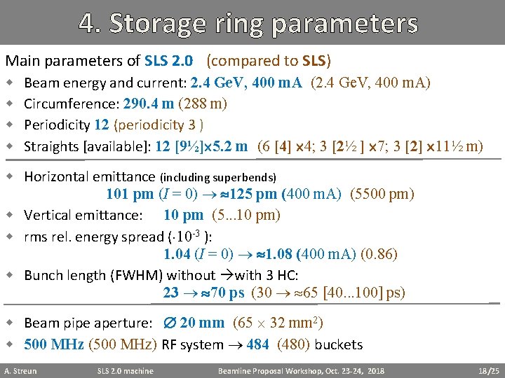 4. Storage ring parameters Main parameters of SLS 2. 0 (compared to SLS) w