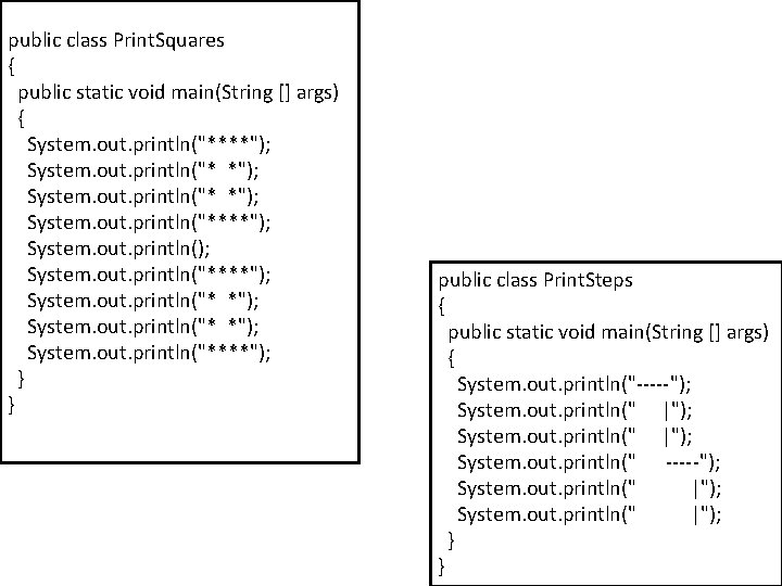 public class Print. Squares { public static void main(String [] args) { System. out.