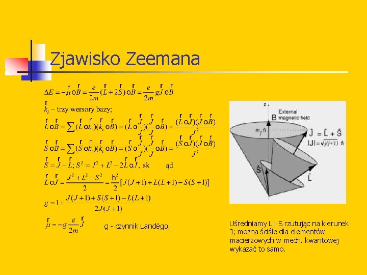 Zjawisko Zeemana g - czynnik Landégo; Uśredniamy L i S rzutując na kierunek J;