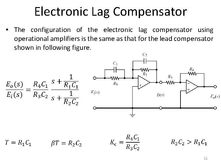 Electronic Lag Compensator • The configuration of the electronic lag compensator using operational amplifiers