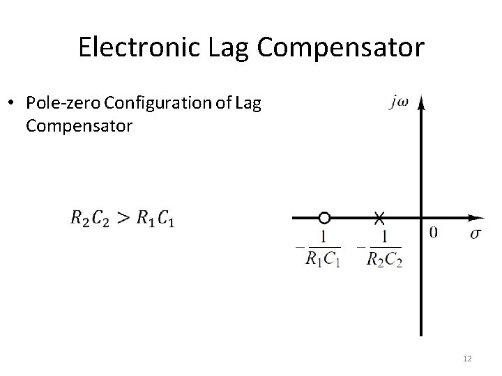 Electronic Lag Compensator • Pole-zero Configuration of Lag Compensator 12 