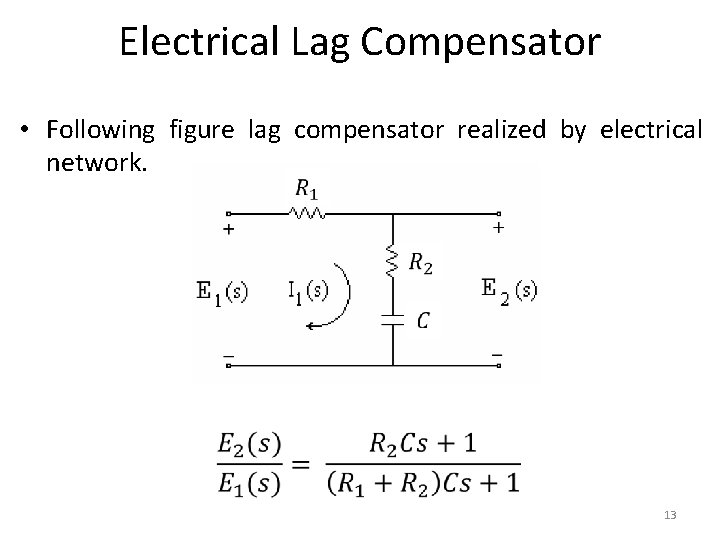 Electrical Lag Compensator • Following figure lag compensator realized by electrical network. 13 