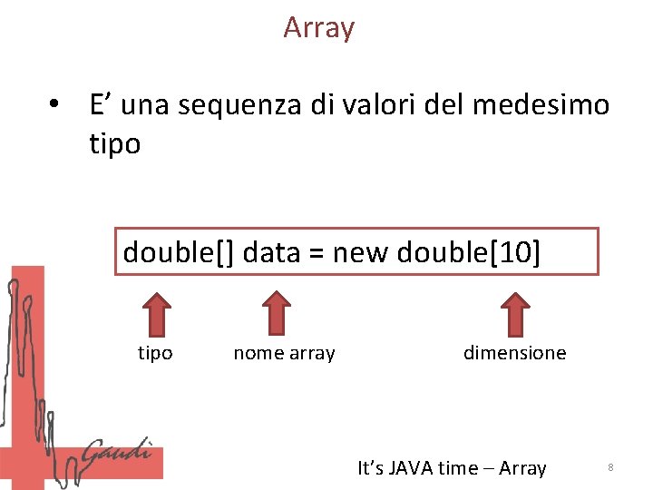 Array • E’ una sequenza di valori del medesimo tipo double[] data = new