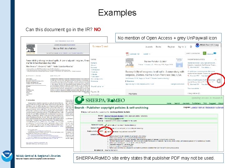 Examples Can this document go in the IR? NO No mention of Open Access