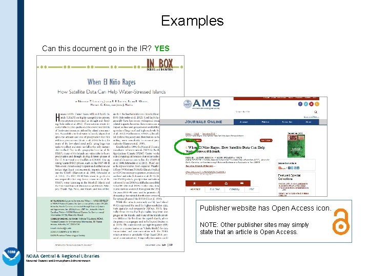 Examples Can this document go in the IR? YES Publisher website has Open Access