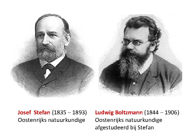 Josef Stefan (1835 – 1893) Oostenrijks natuurkundige Ludwig Boltzmann (1844 – 1906) Oostenrijks natuurkundige