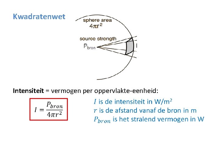 Kwadratenwet Intensiteit = vermogen per oppervlakte-eenheid: 