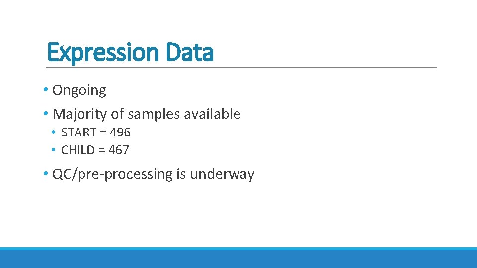 Expression Data • Ongoing • Majority of samples available • START = 496 •