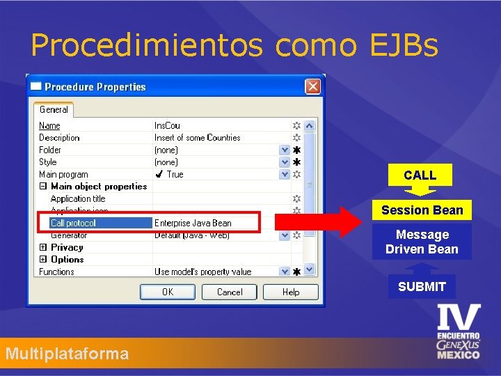 Procedimientos como EJBs CALL Session Bean Message Driven Bean SUBMIT Multiplataforma 