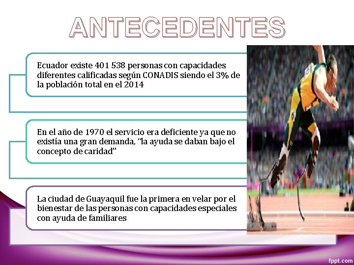 ANTECEDENTES Ecuador existe 401 538 personas con capacidades diferentes calificadas según CONADIS siendo el