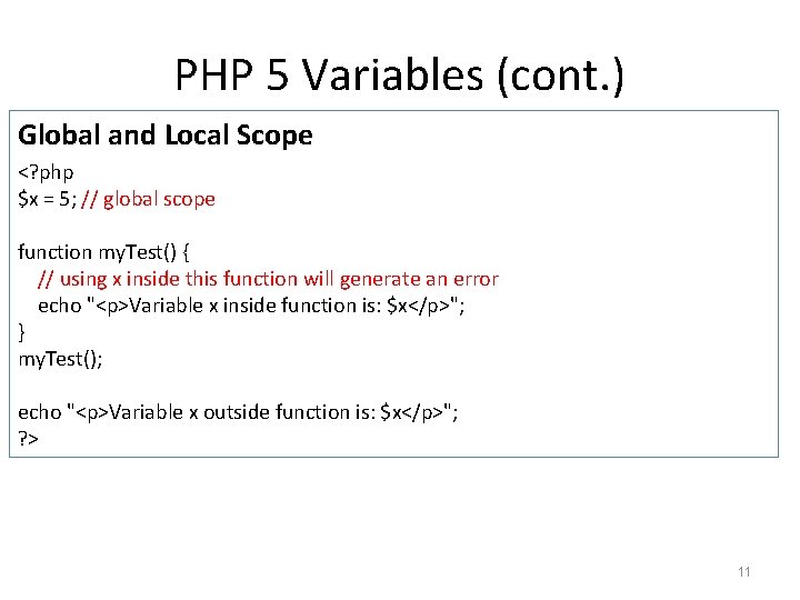 PHP 5 Variables (cont. ) Global and Local Scope <? php $x = 5; PHP 5 Variables (cont. ) Global and Local Scope <? php $x = 5;