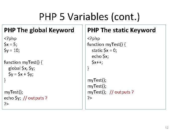 PHP 5 Variables (cont. ) PHP The global Keyword PHP The static Keyword <? PHP 5 Variables (cont. ) PHP The global Keyword PHP The static Keyword <?